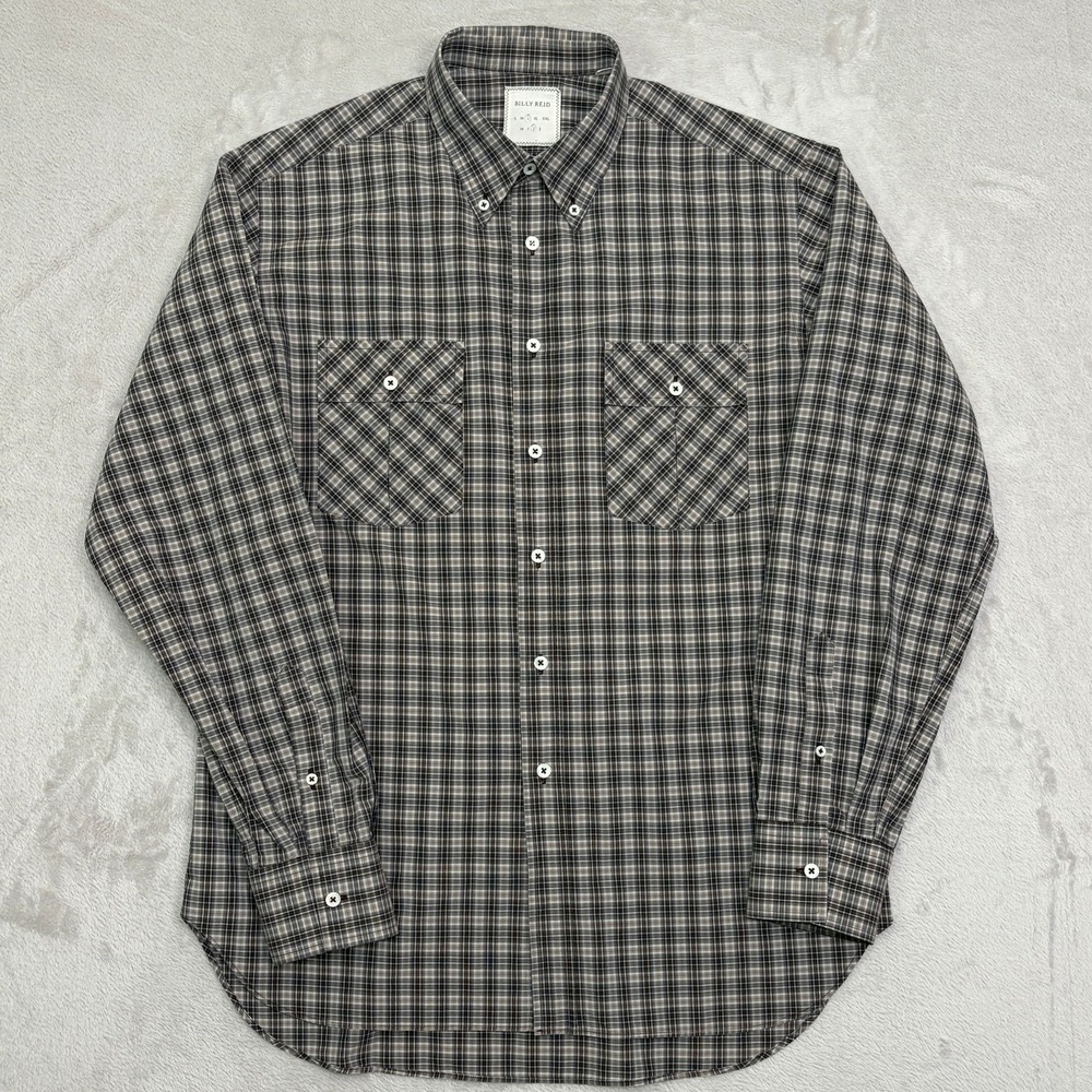 Billy Reid Button-Down Check Pattern Work Shirt L Made in Italy tan/brown/gray